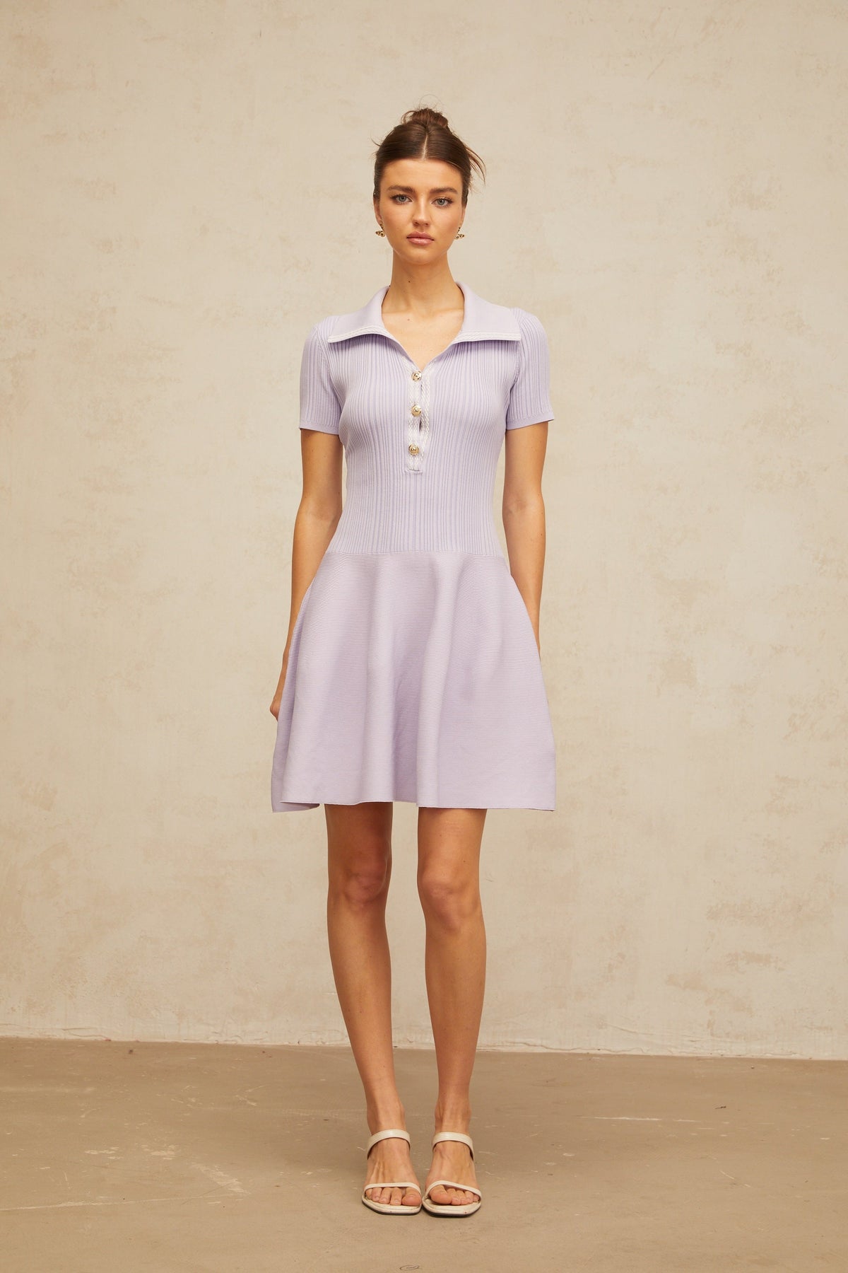 Vanessa lilac shirred flared knit mini dress