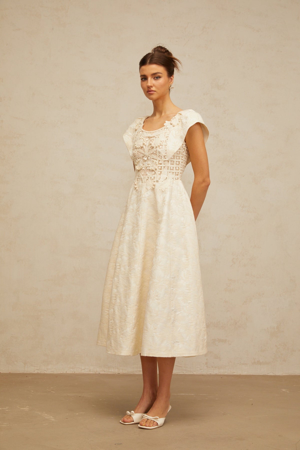 Xenia neutrals floral-embroidered embellished midi dress