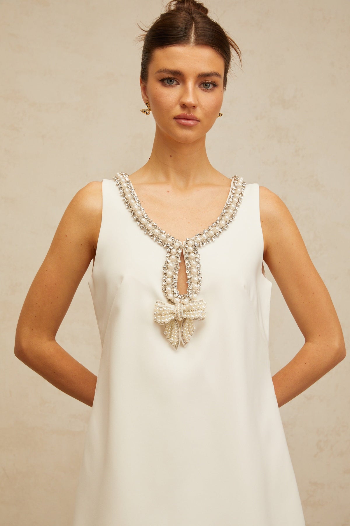 Clothilde white bowknot embellished mini dress