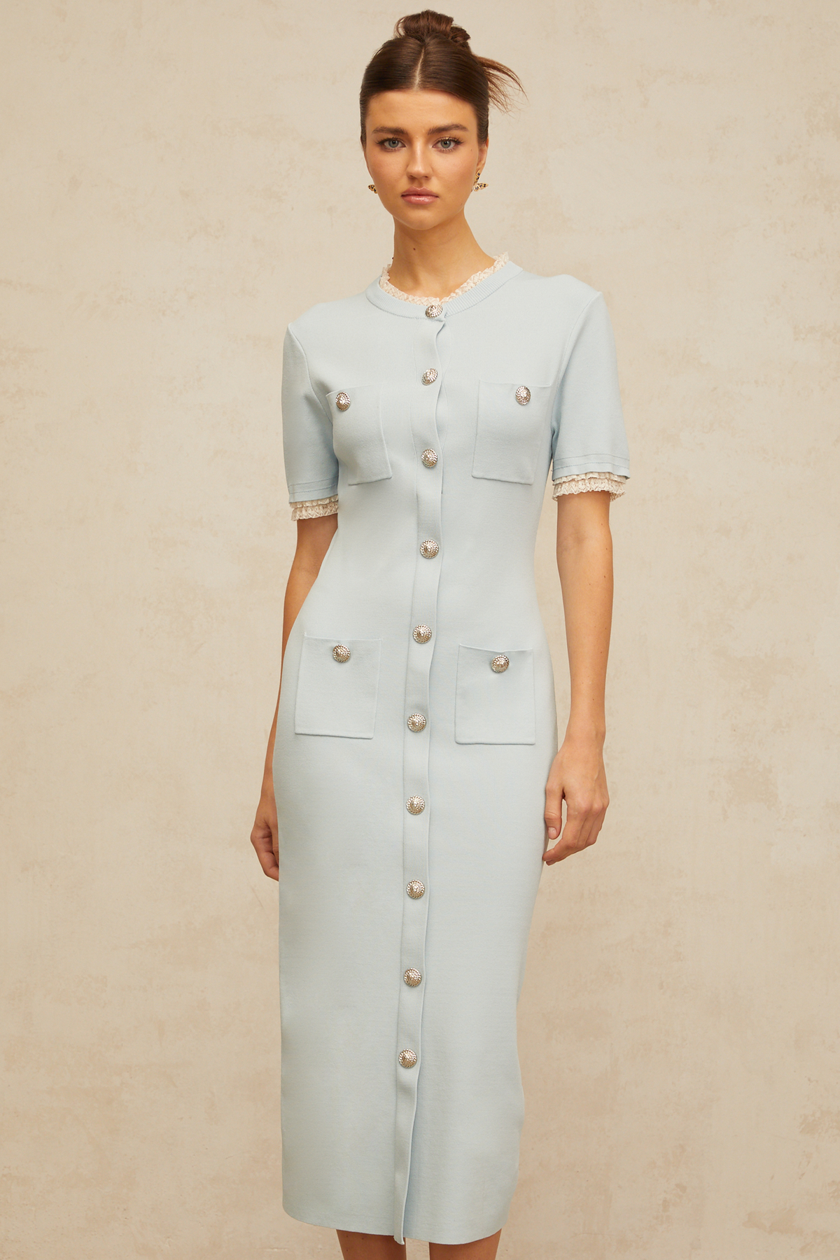 Mélisande light-blue pencil-silhouette knit midi dress (Final Sale)