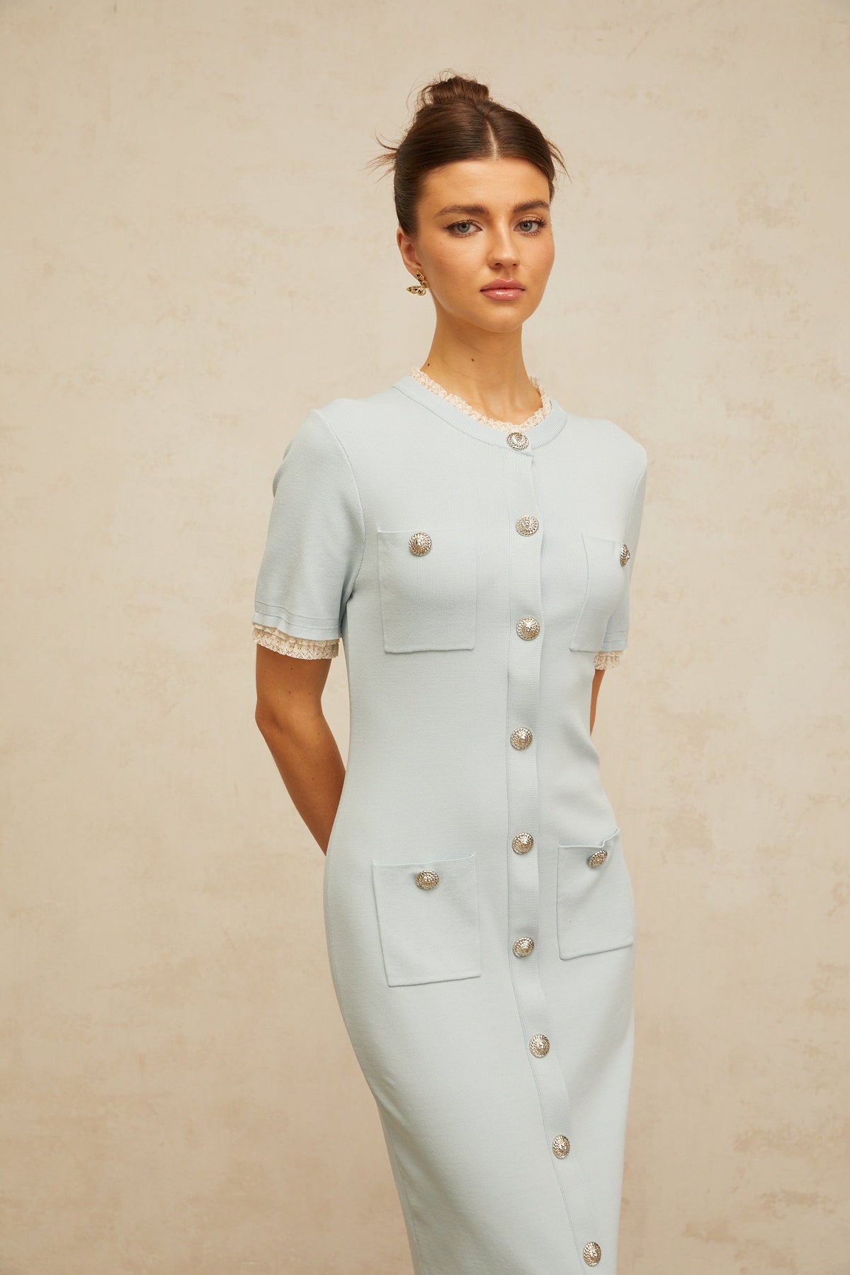 Mélisande light-blue pencil-silhouette knit midi dress