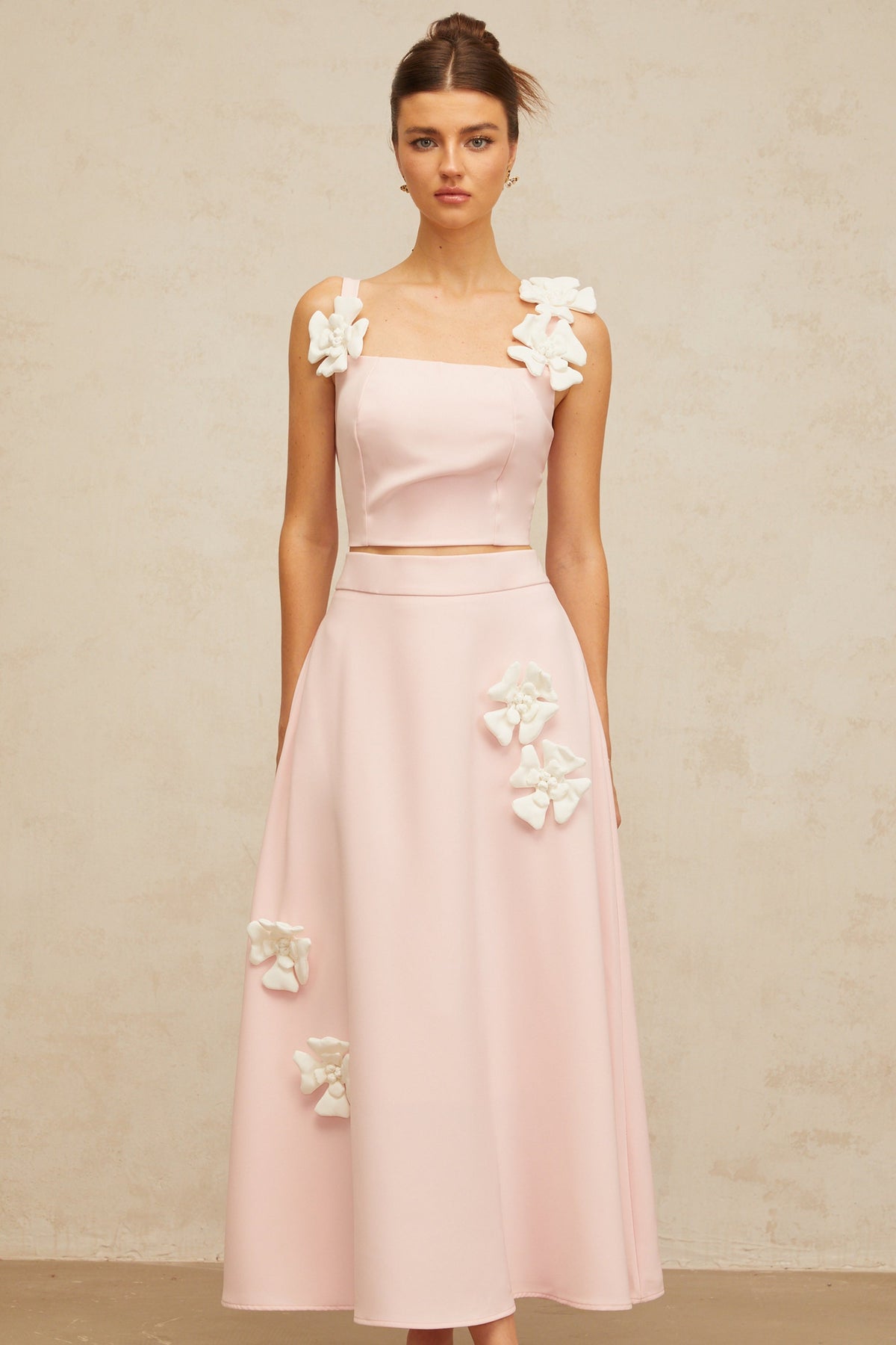 Uxue pink floral-appliqué top & skirt matching set