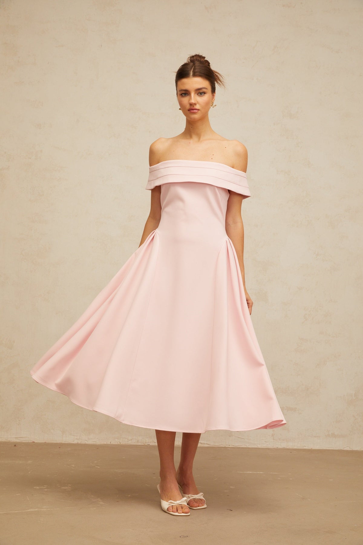 Zélie pink off-shoulder pleated midi dress (Final Sale-US Only)