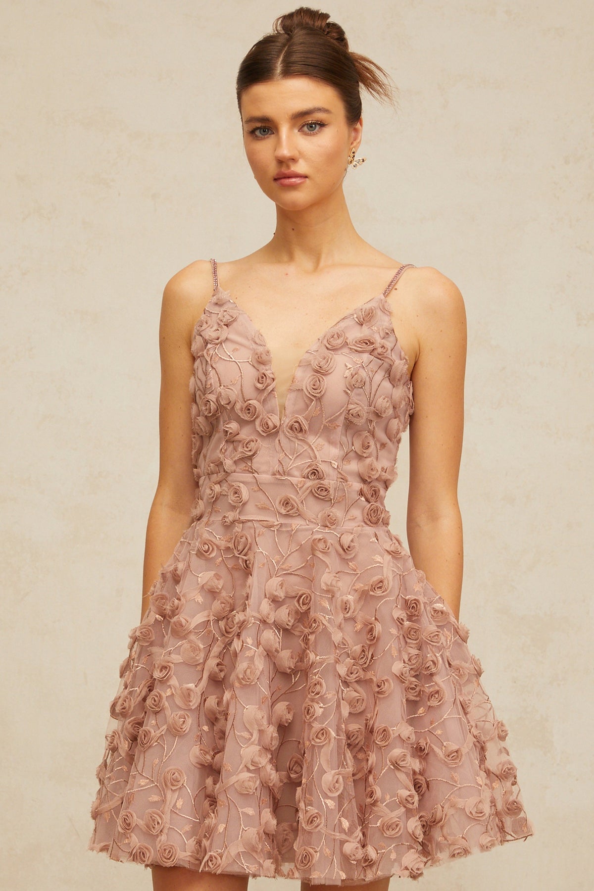 Aurore dusty-pink rose-appliqué flounced mini dress