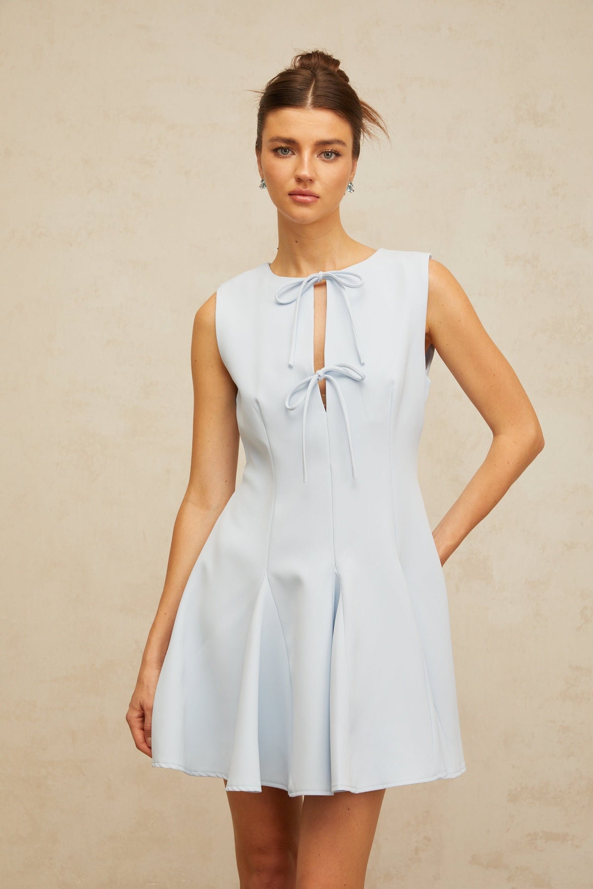 Lyna blue bowknot godet-design mini dress