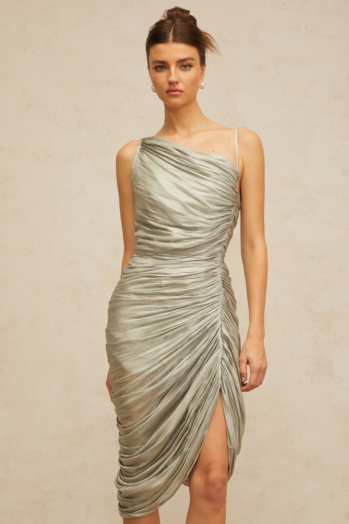 Lison glossy ruched midi dress in Grayish-green