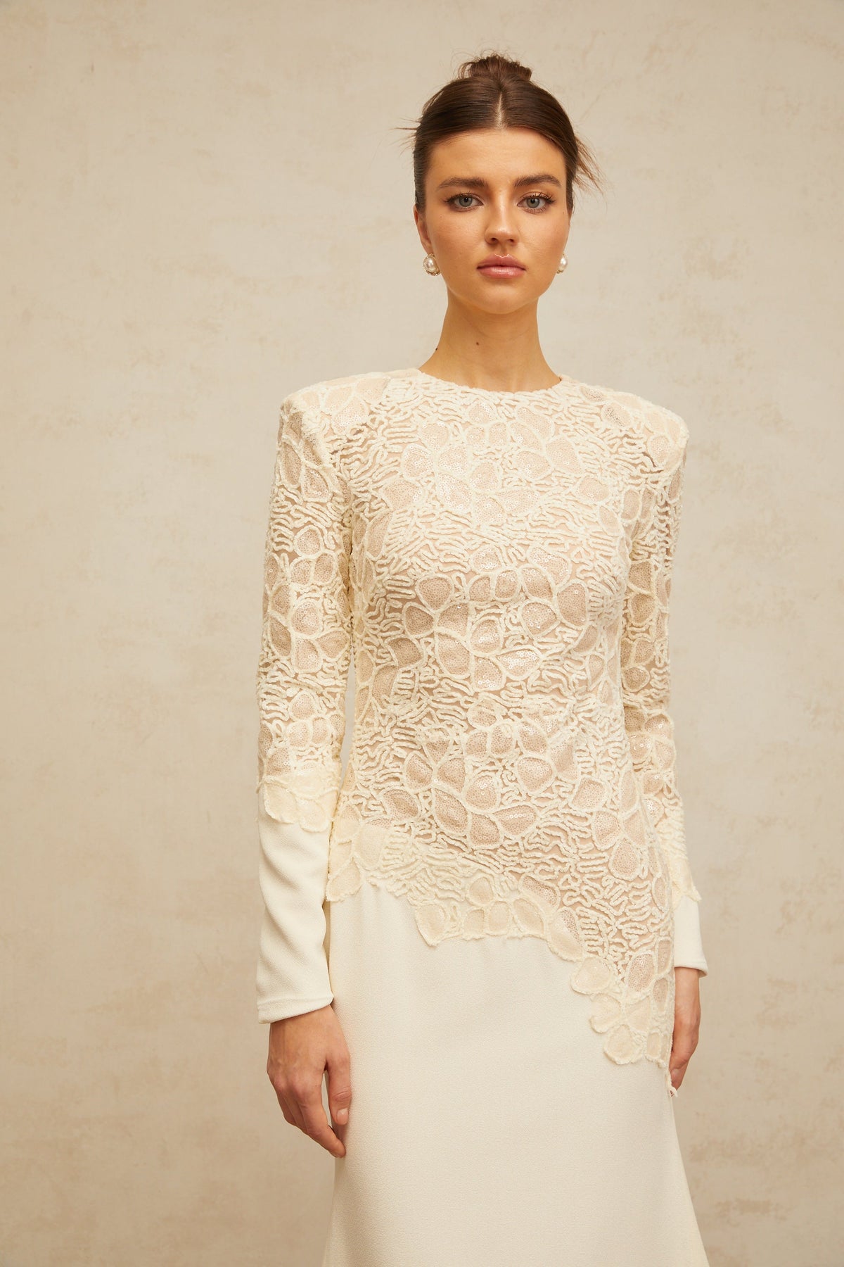 Mathilde off-white textured floral-embroidered sequined maxi dress