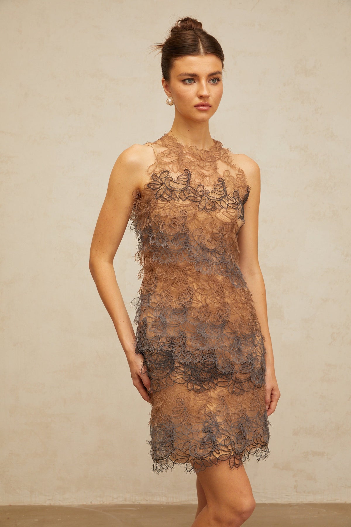 Paulette brown frayed corded-lace mini dress