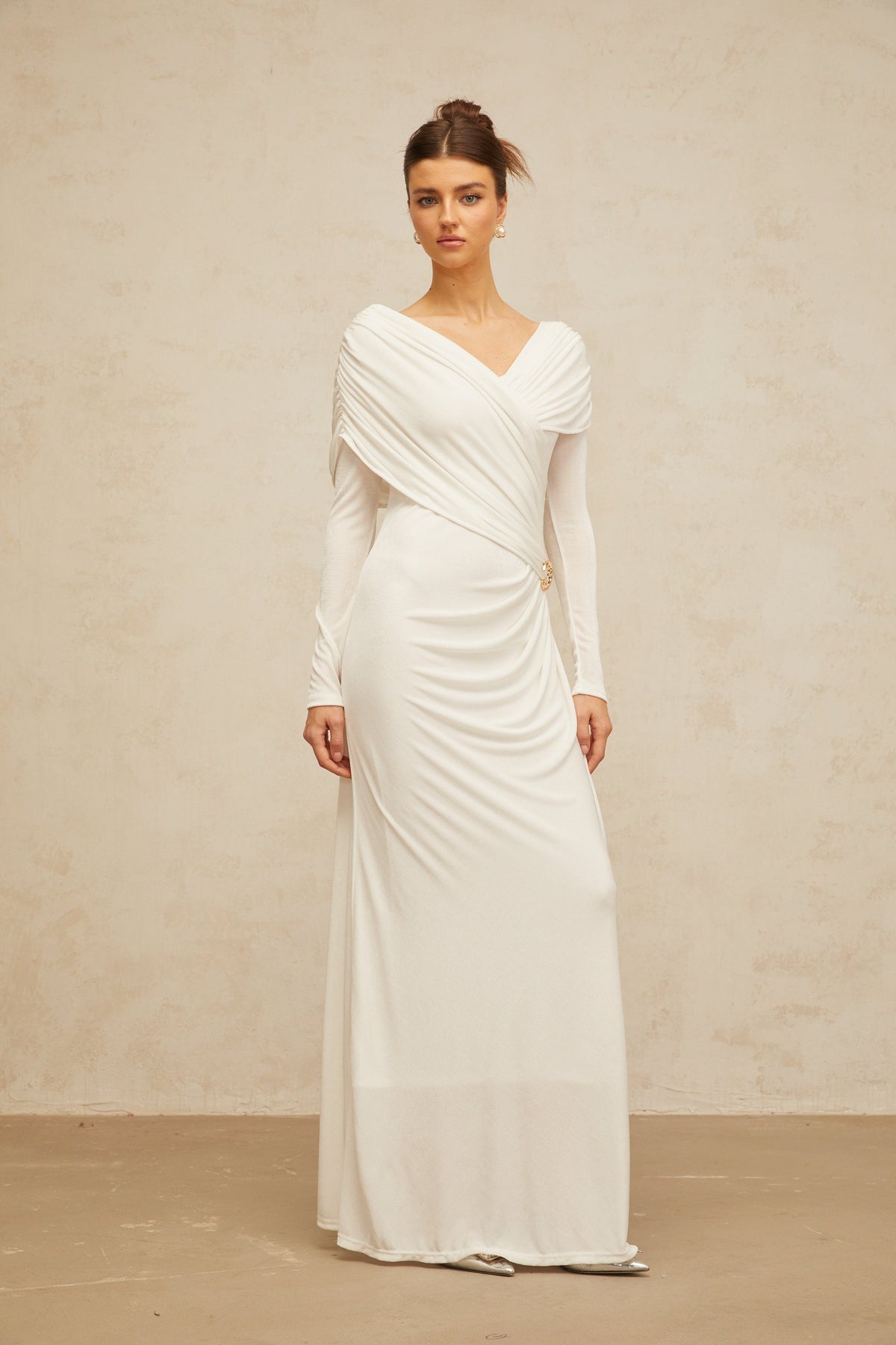 Hélène ruched fitted stretch maxi dress in White