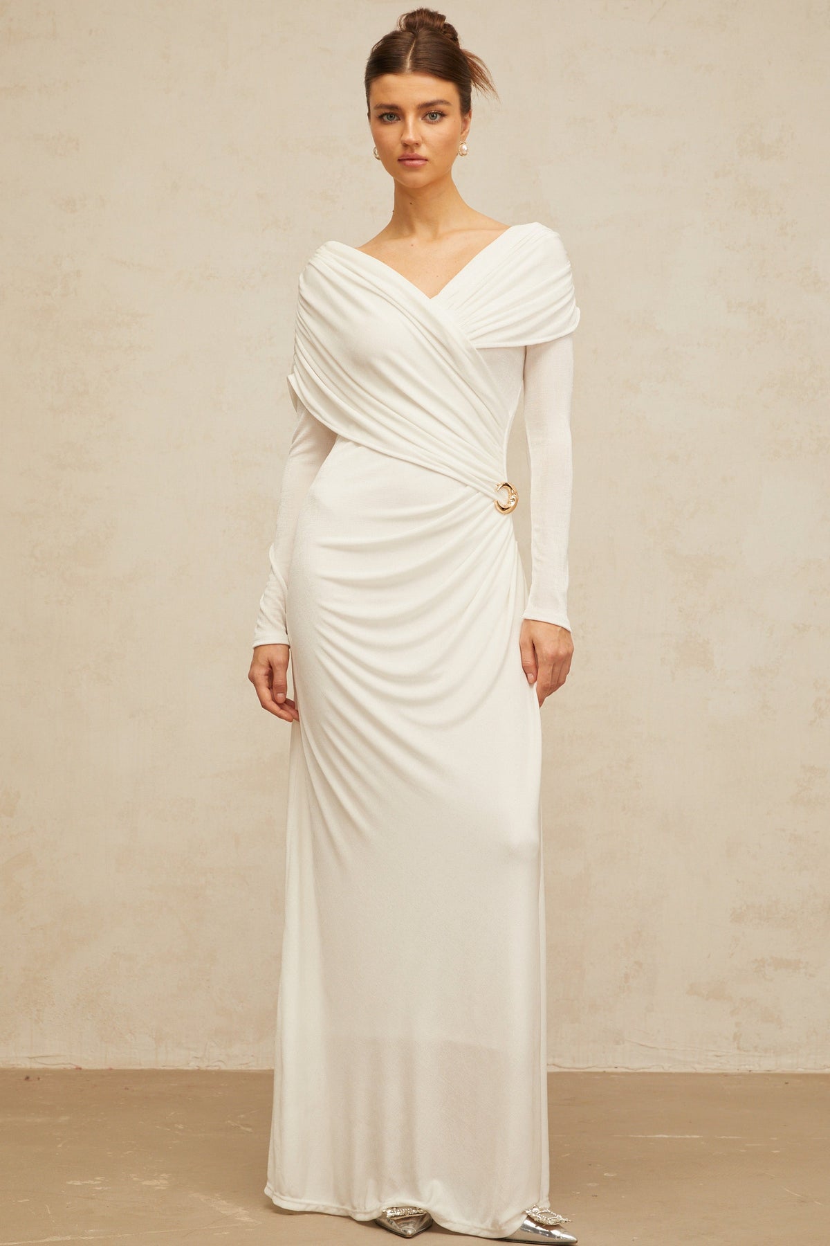 Hélène ruched fitted stretch maxi dress in White (Final Sale-US Only)