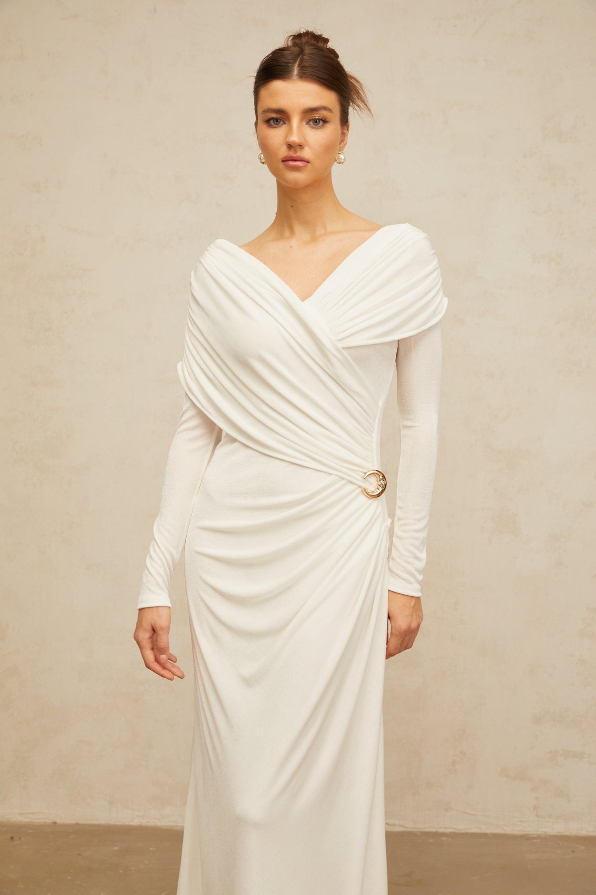 Hélène ruched fitted stretch maxi dress in White (Final Sale-US Only)