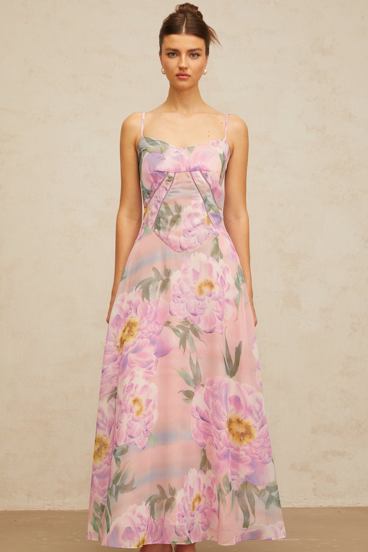 Gaëlle pink floral-print draped maxi dress