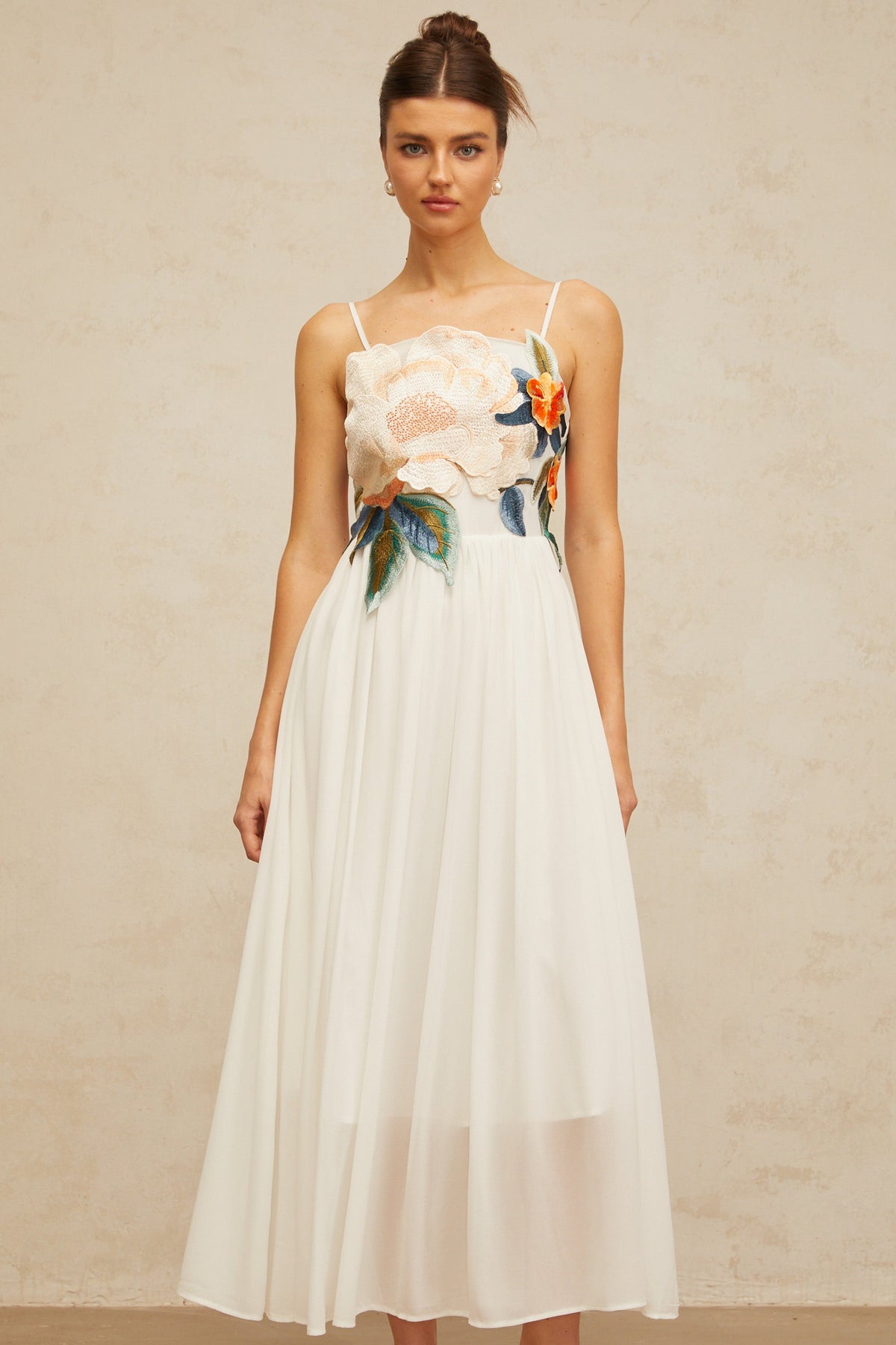 Josette floral-embroidered shirred maxi dress in White