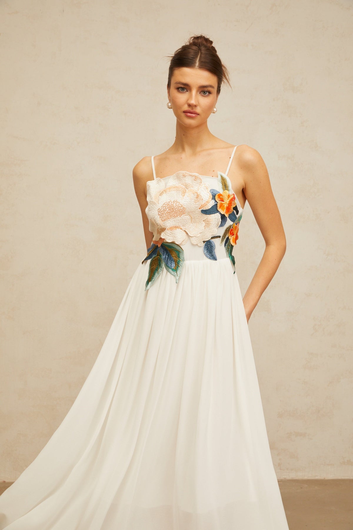 Josette floral-embroidered shirred maxi dress in White
