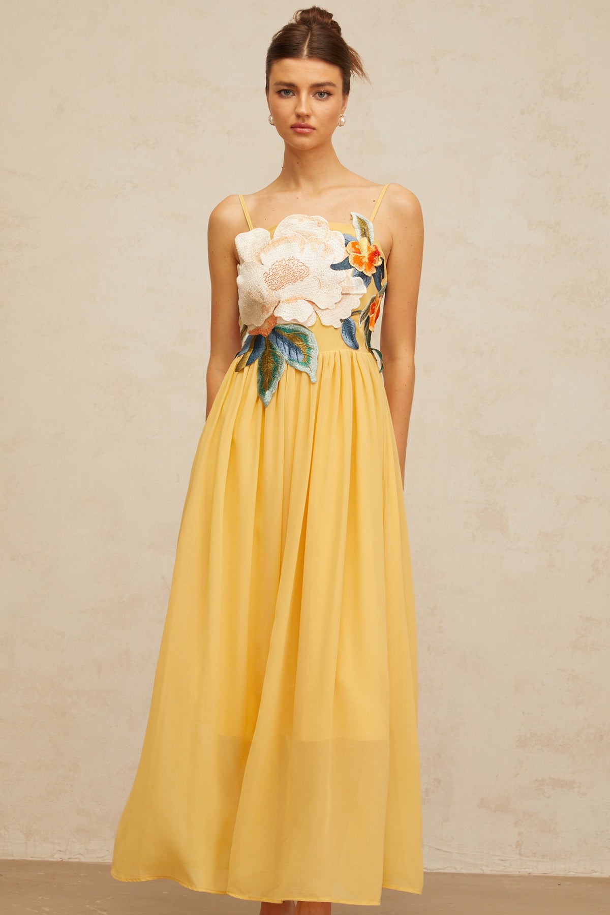 Josette floral-embroidered shirred maxi dress in Yellow