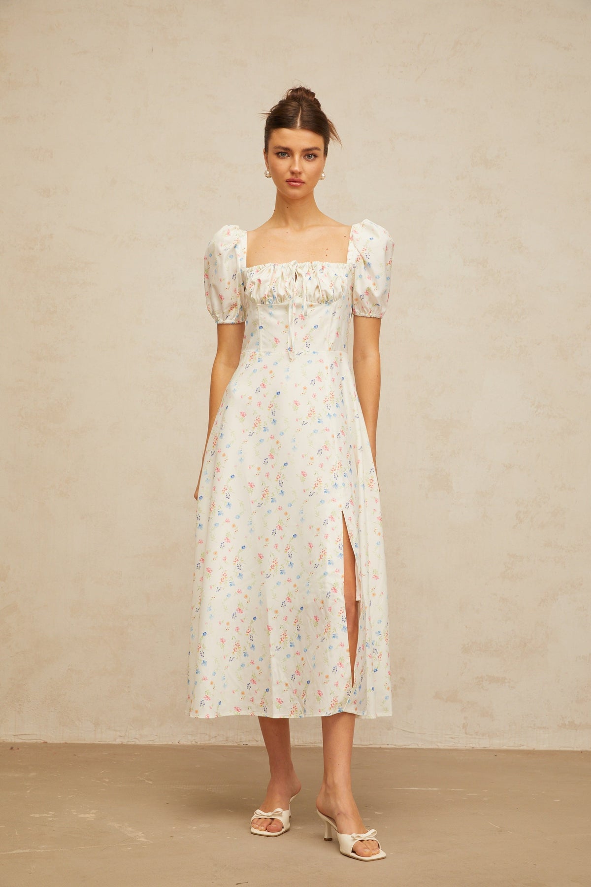 Eva white floral-print flared midi dress
