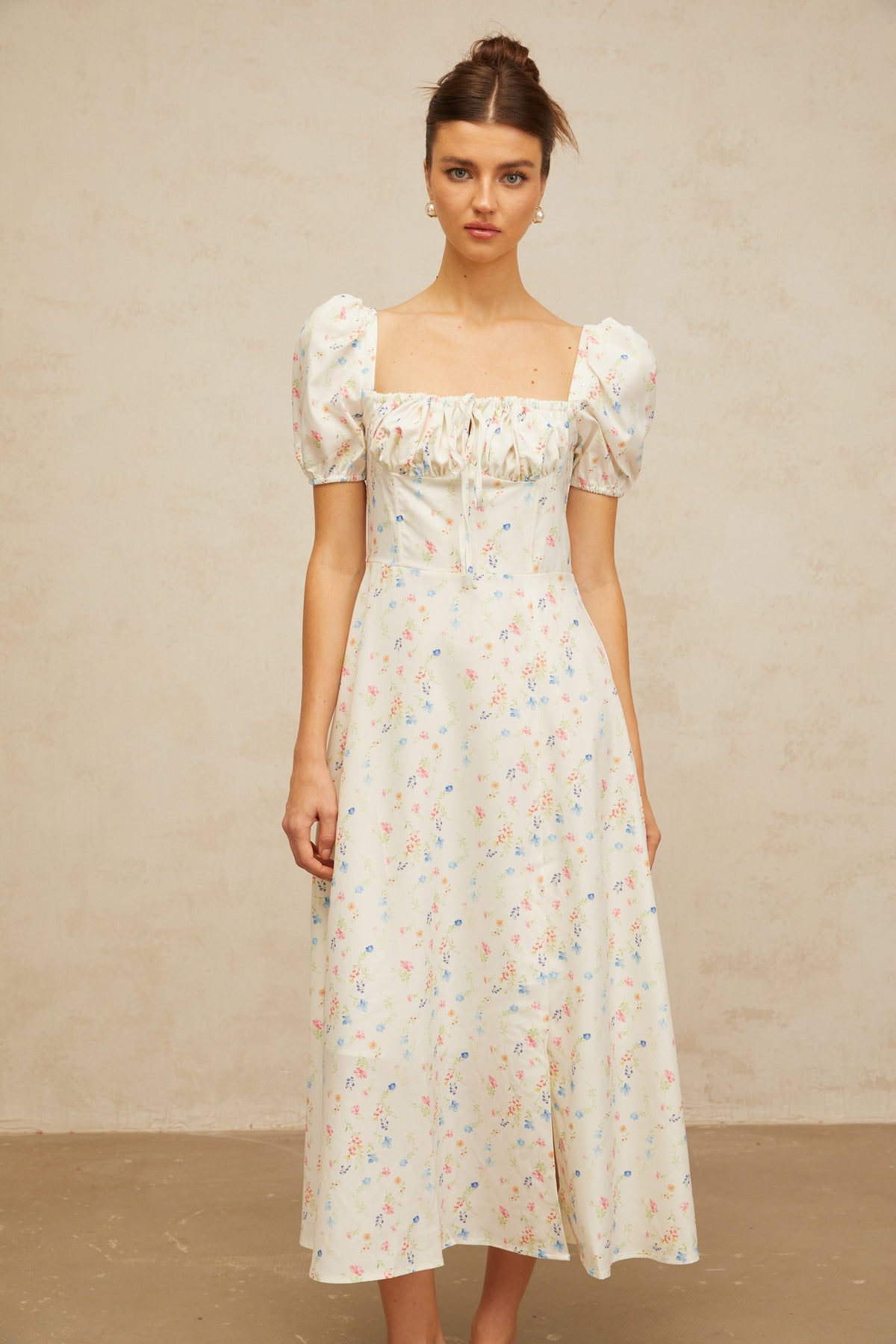 Eva white floral-print flared midi dress