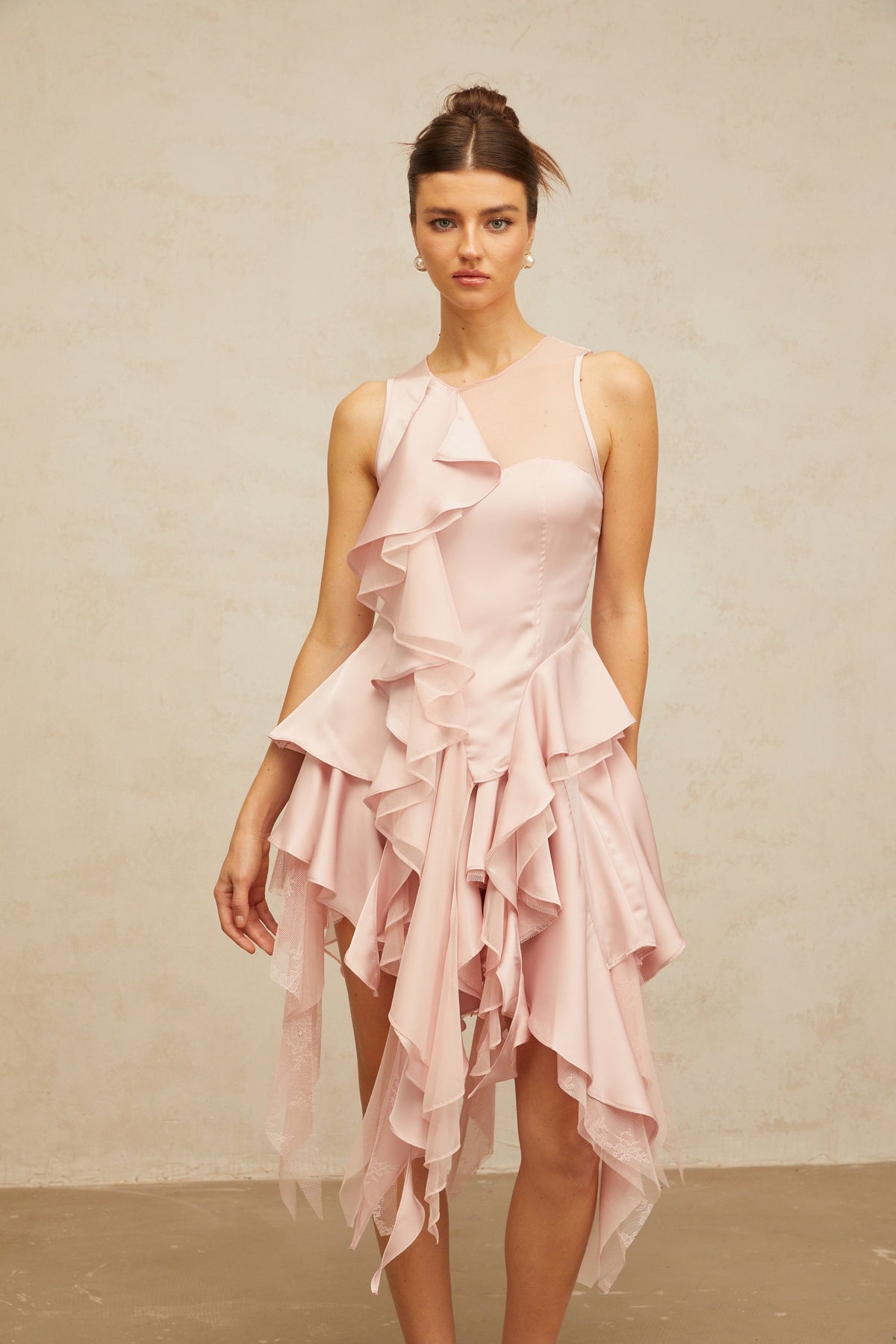 Calliopée pink asymmetrical ruffled panelled top & skirt matching set