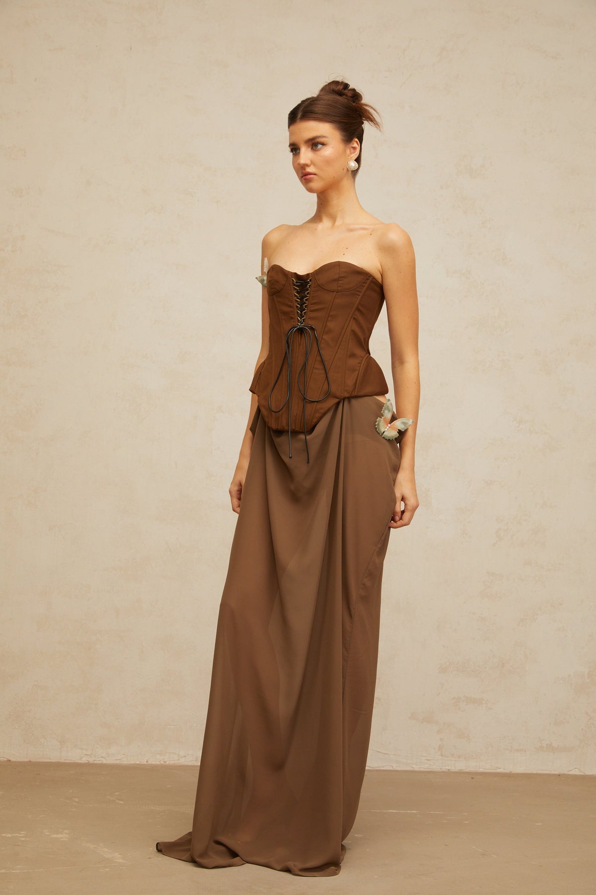 Eva brown butterfly-pin-detail corset maxi dress