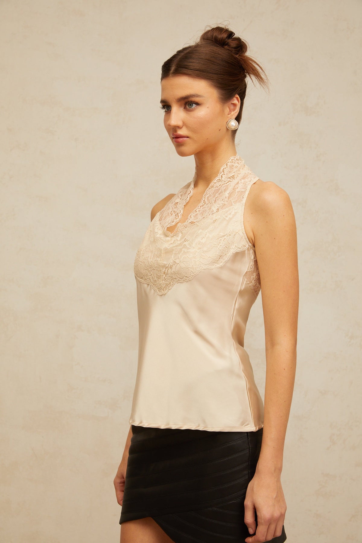 Aveline neutrals floral-lace panelled satin top