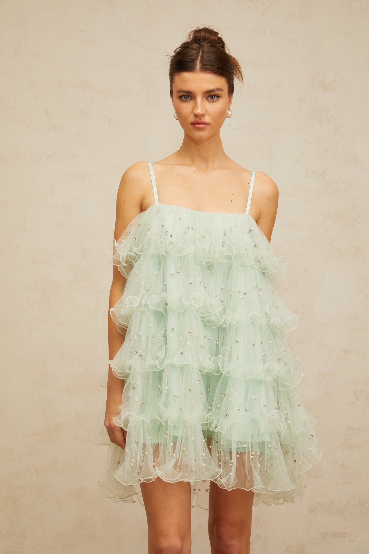 Airelle light-green embellished tiered tulle mini dress