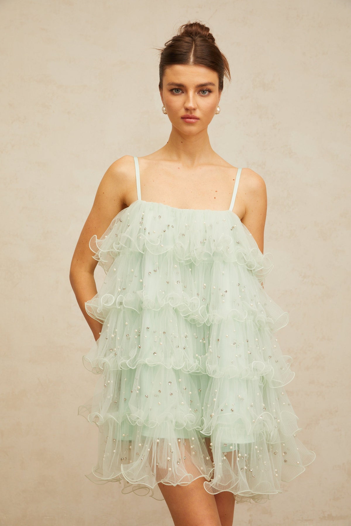 Airelle light-green embellished tiered tulle mini dress