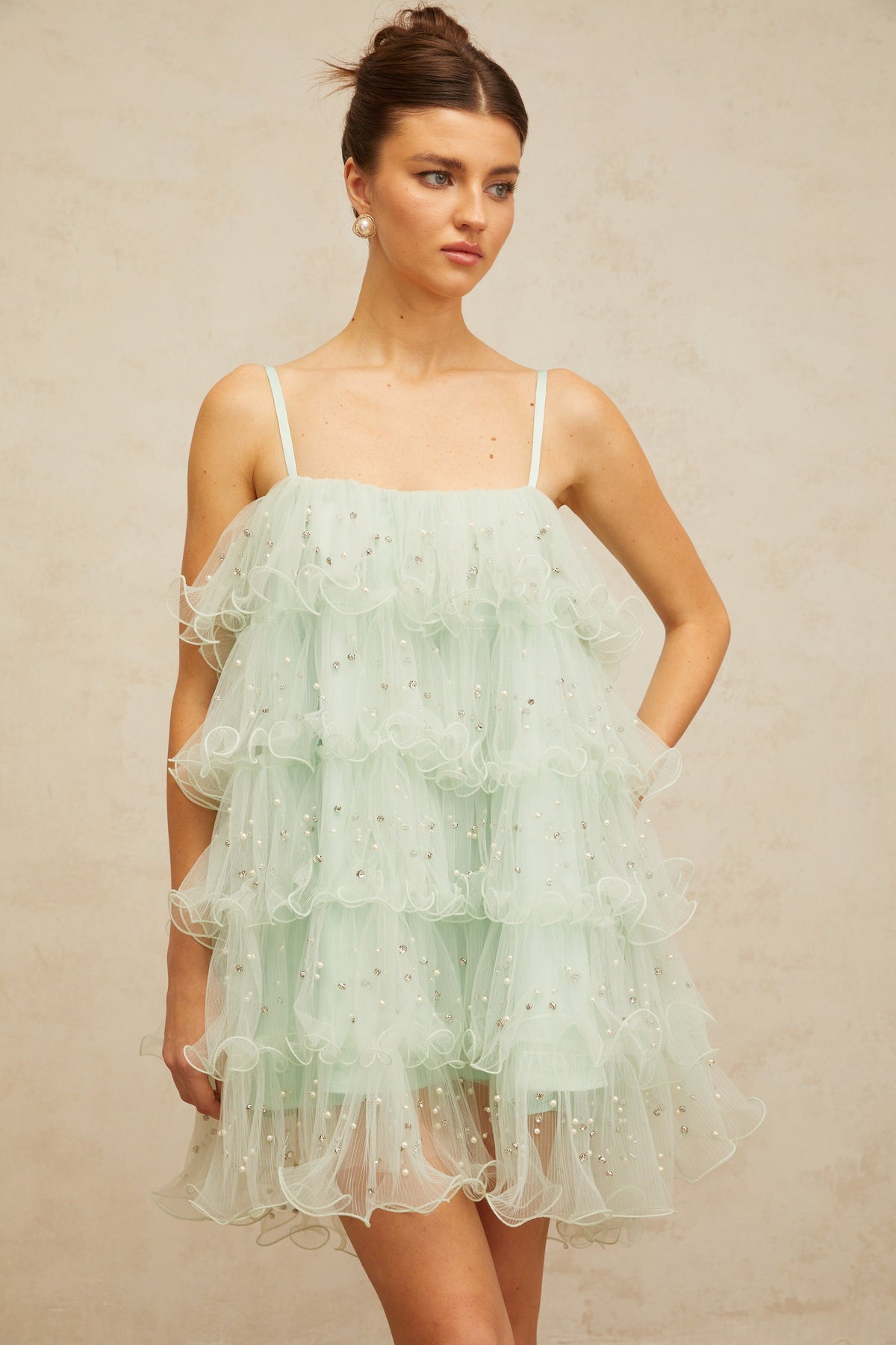 Airelle light-green embellished tiered tulle mini dress