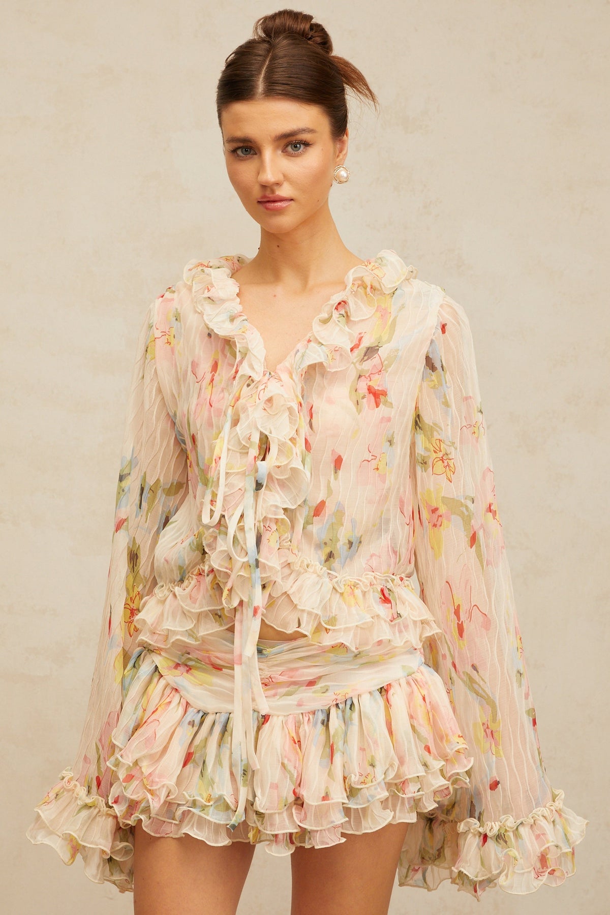 Donatienne floral-print ruffled blouse & skirt matching set