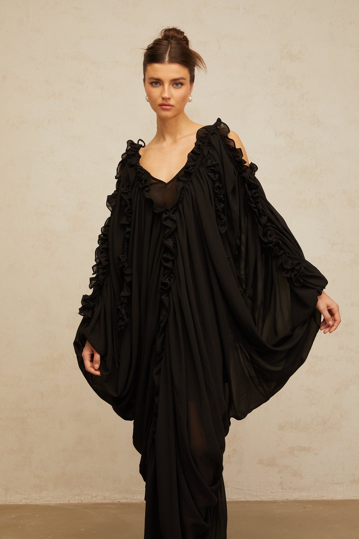 Aglaé black ruffled-trim tulle maxi dress
