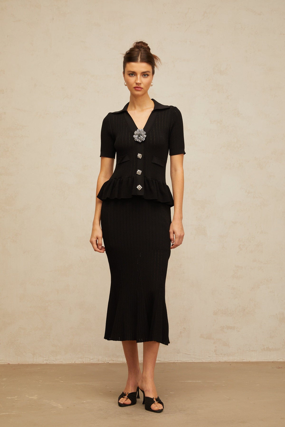 Félicie black embellished pointelle-knit midi dress
