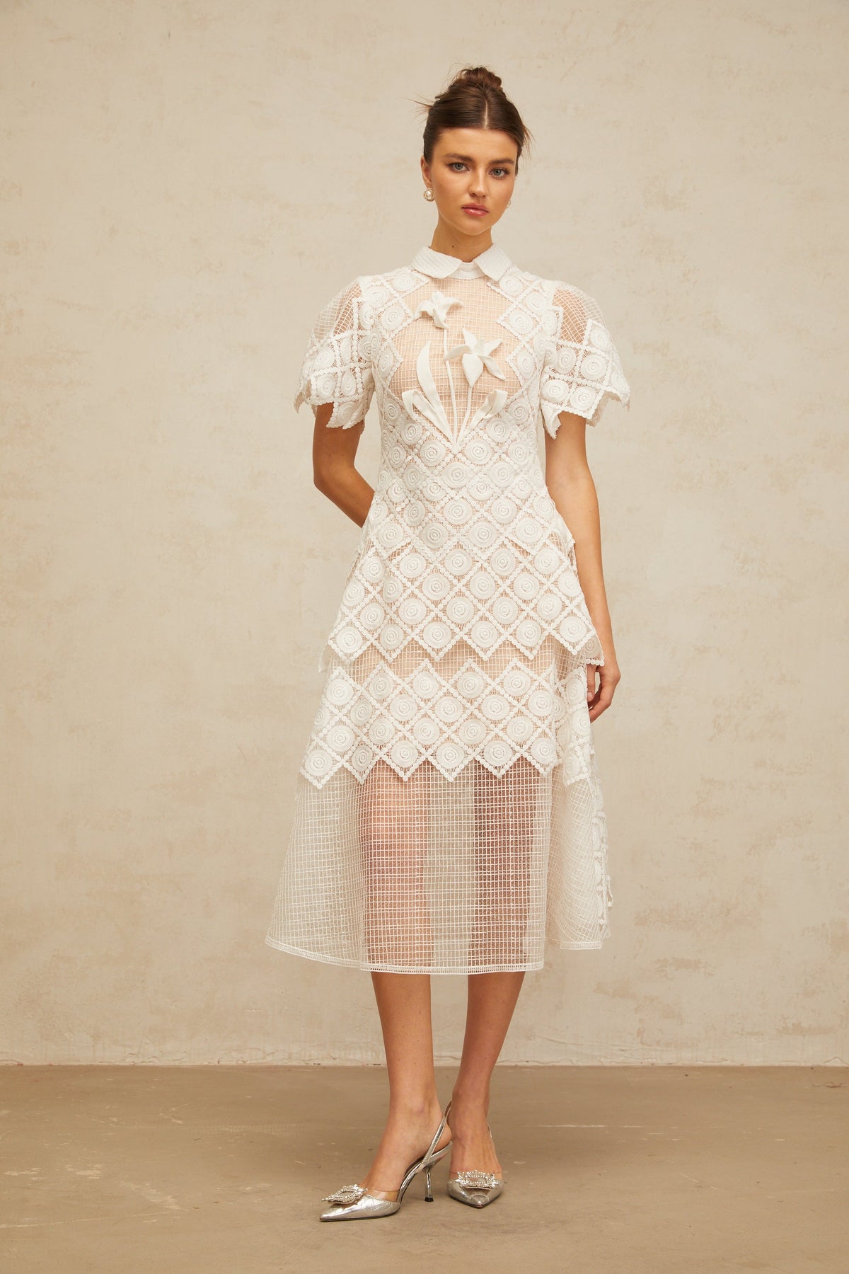 Yasmine white floral-embroidered midi dress