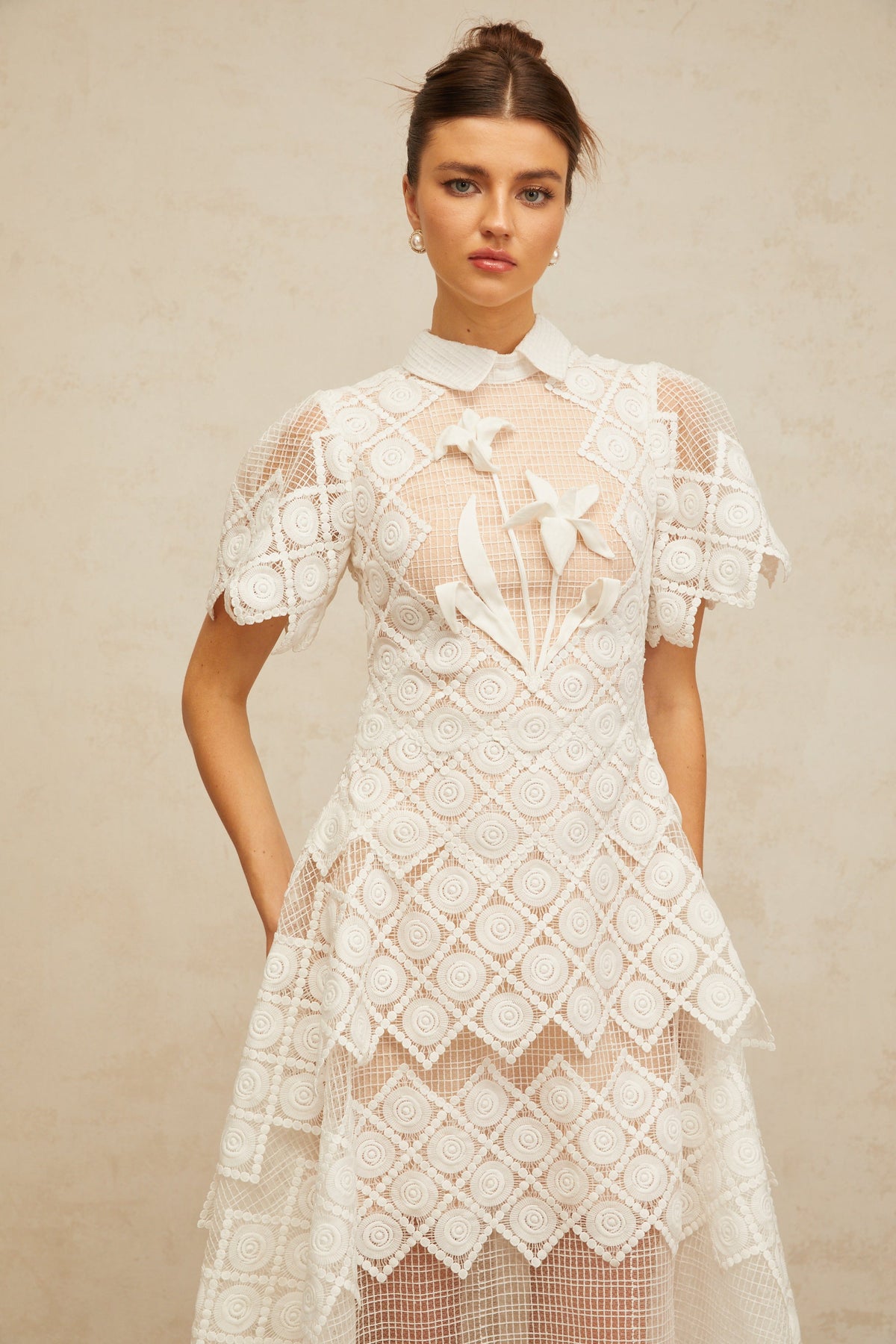 Yasmine white floral-embroidered midi dress