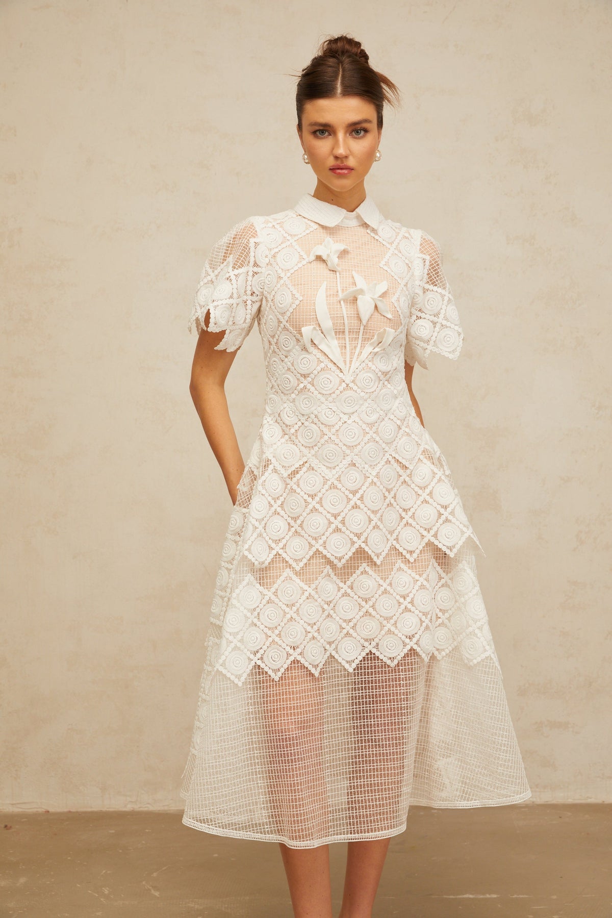 Yasmine white floral-embroidered midi dress