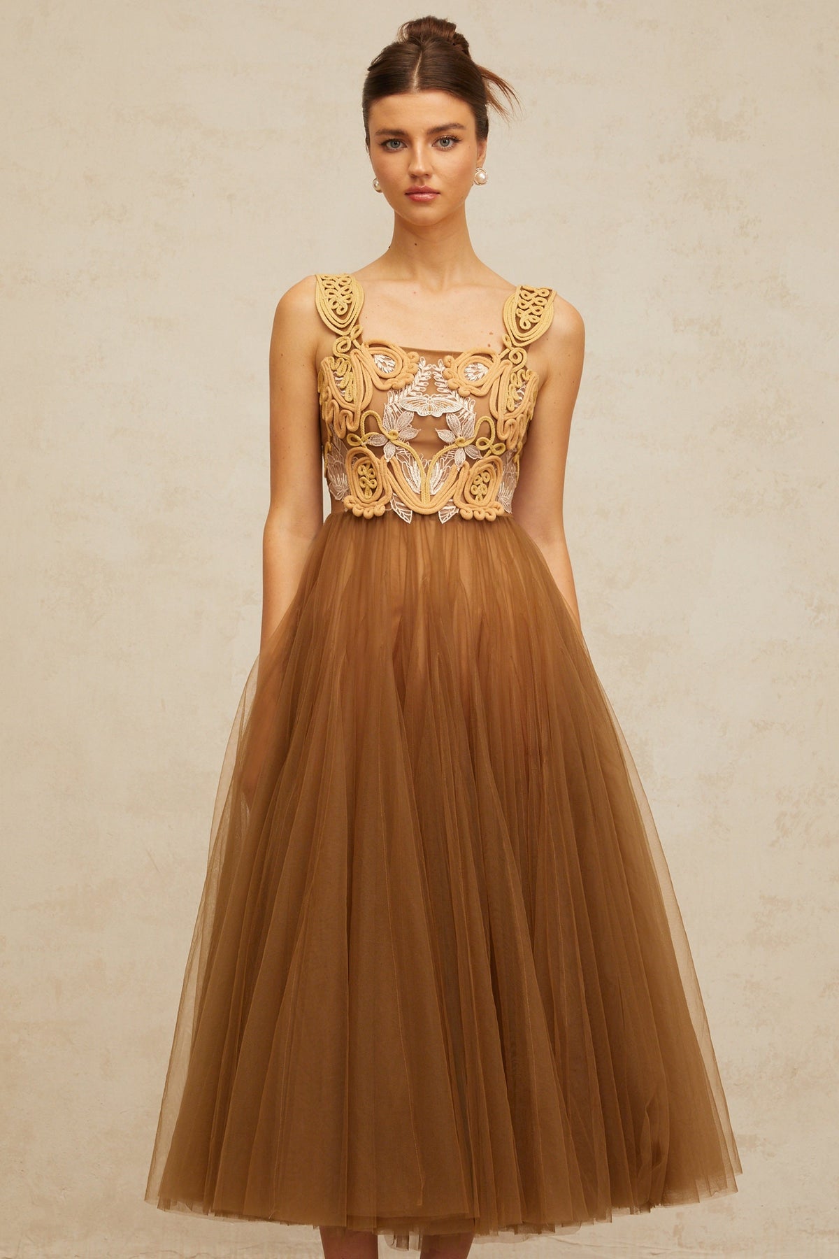 Elodie brown braid-detail tulle midi dress
