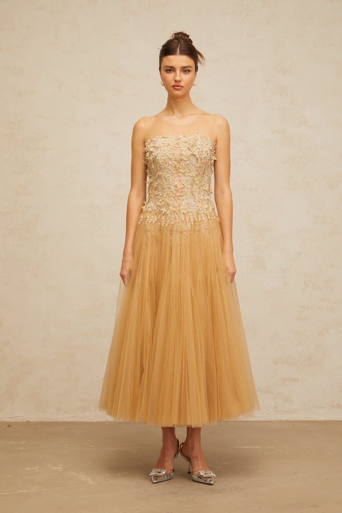 Aurore neutrals pleated sequined tulle midi dress (Final Sale-US Only)