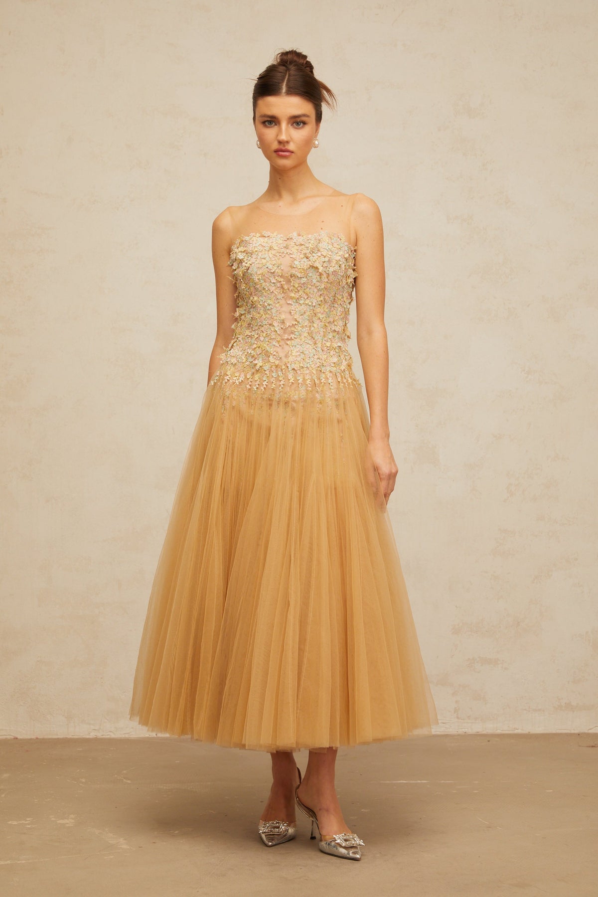 Aurore neutrals pleated sequined tulle midi dress (Final Sale-US Only)
