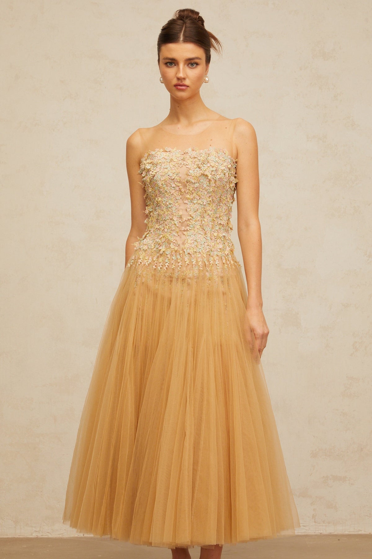 Aurore neutrals pleated sequined tulle midi dress (Final Sale-US Only)