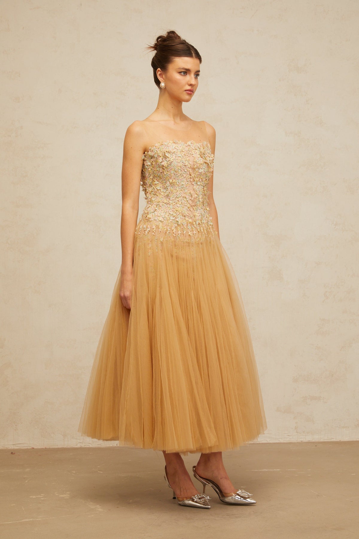 Aurore neutrals pleated sequined tulle midi dress (Final Sale-US Only)