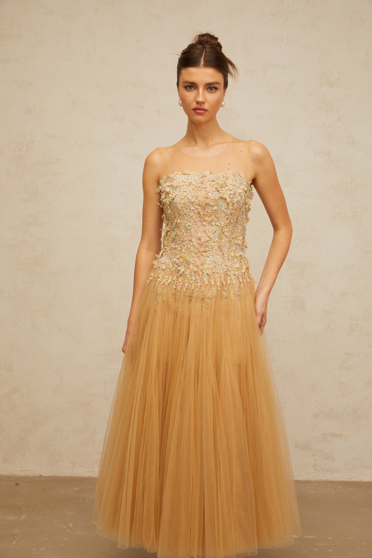 Aurore neutrals pleated sequined tulle midi dress (Final Sale-US Only)