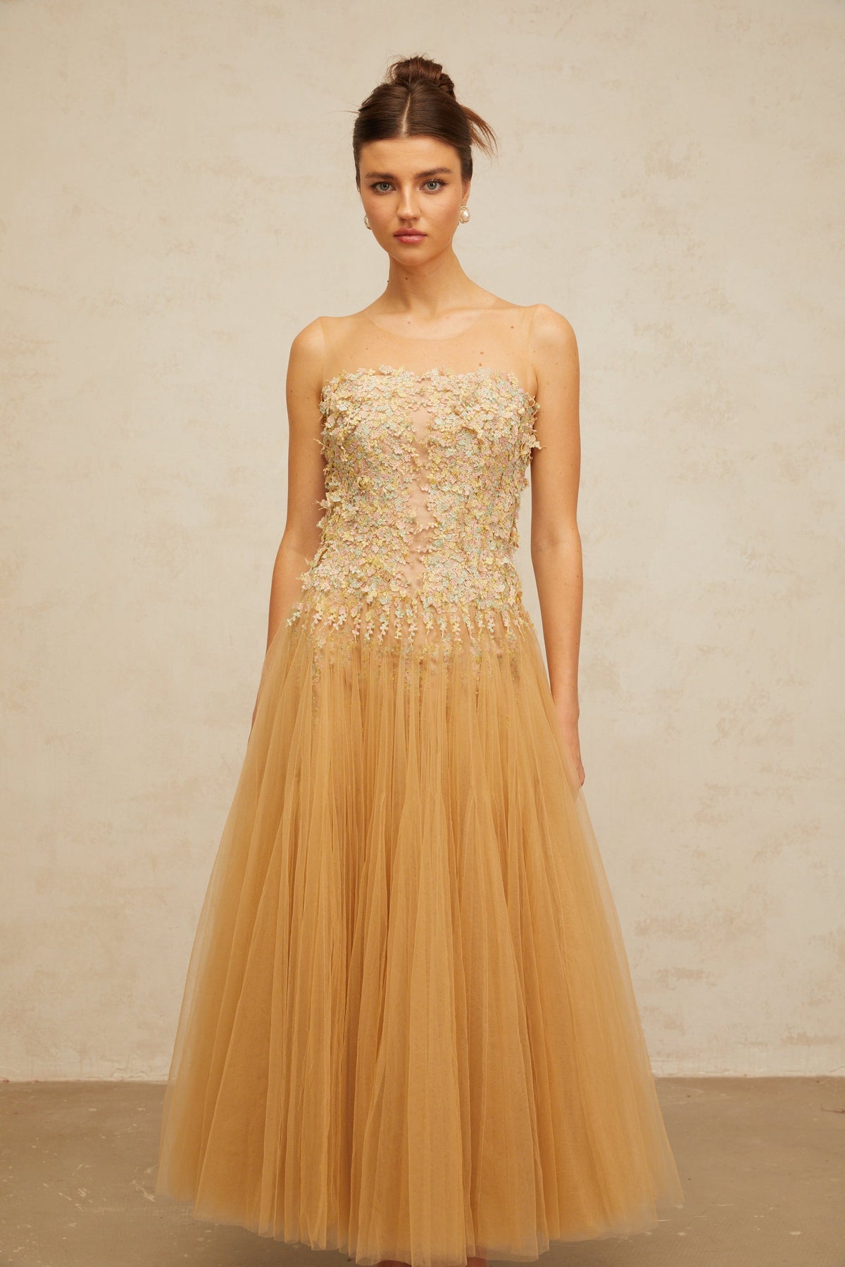 Aurore neutrals pleated sequined tulle midi dress (Final Sale-US Only)