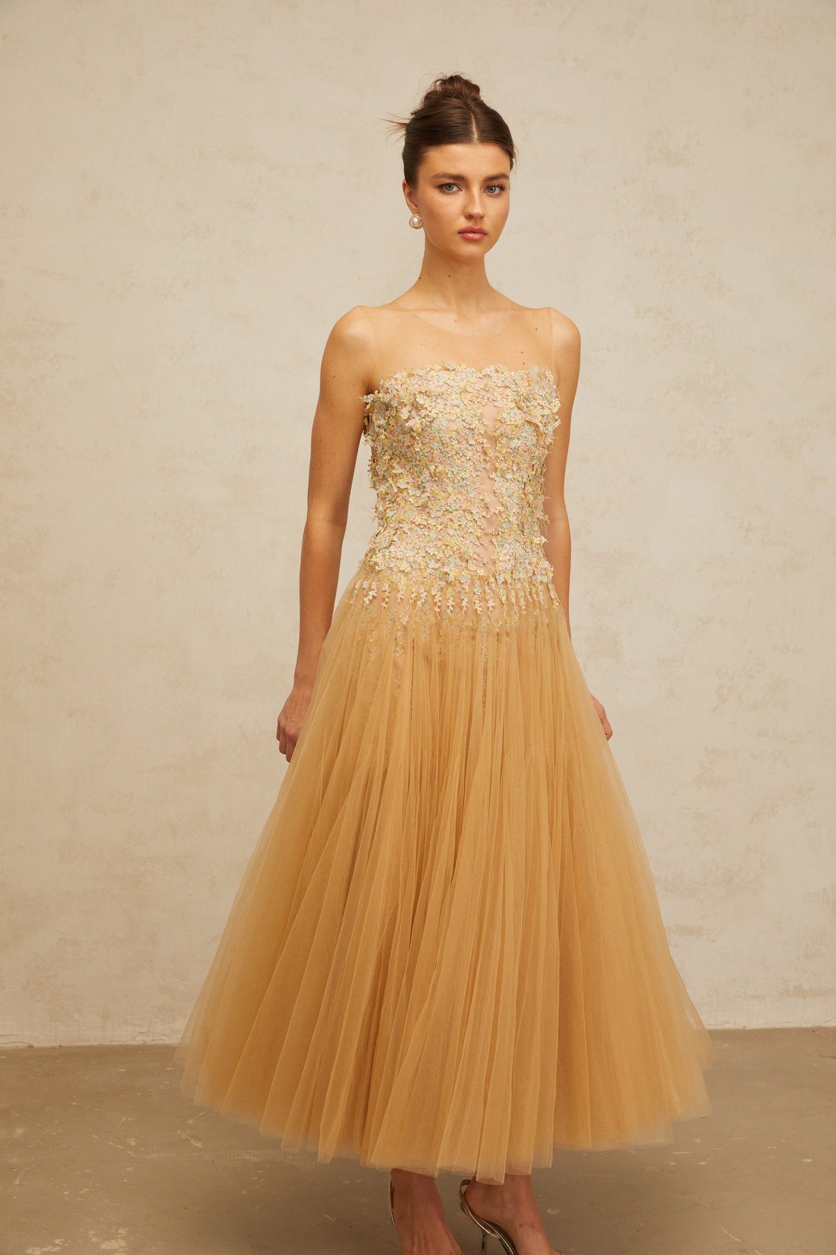 Aurore neutrals pleated sequined tulle midi dress (Final Sale-US Only)