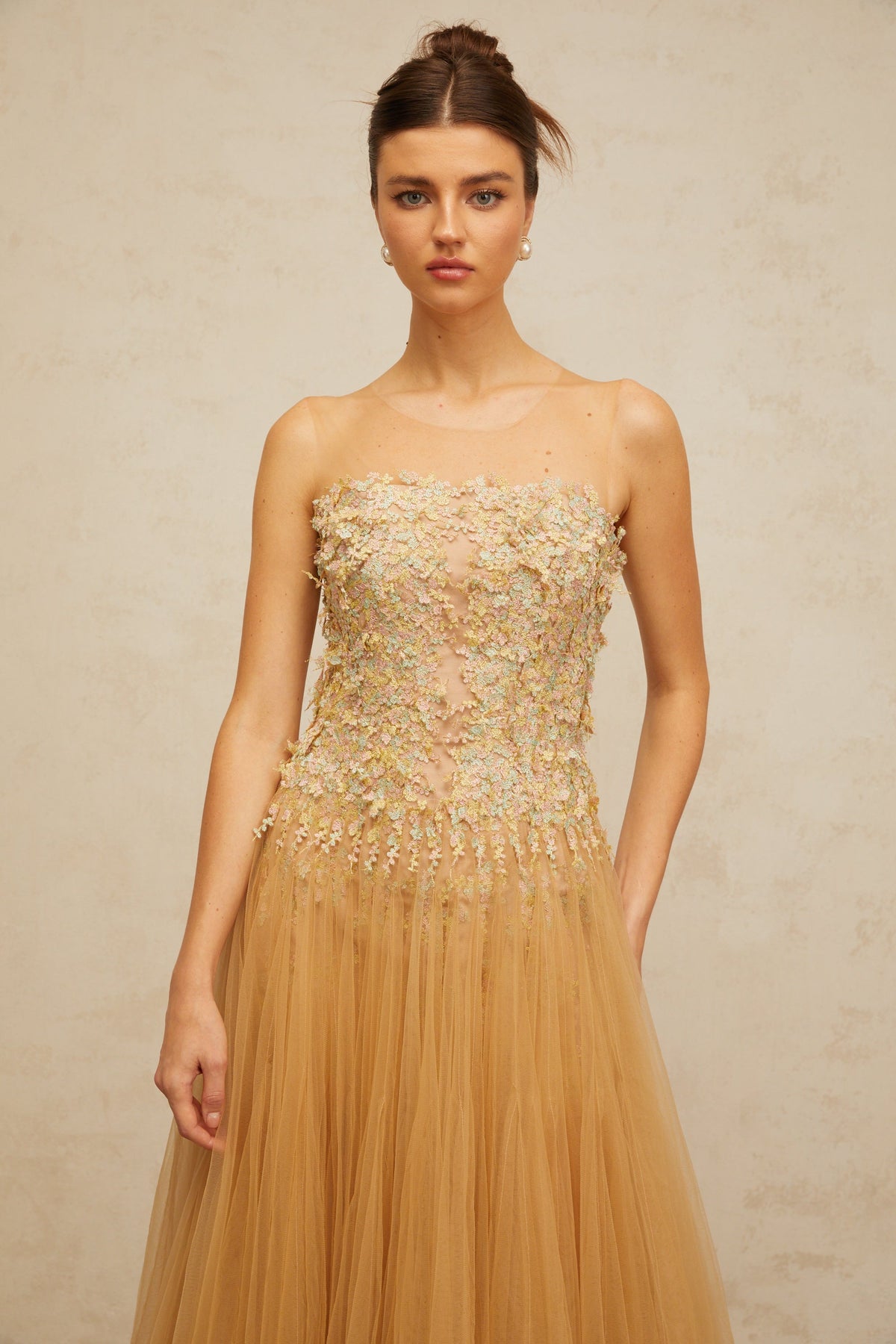 Aurore neutrals pleated sequined tulle midi dress (Final Sale-US Only)