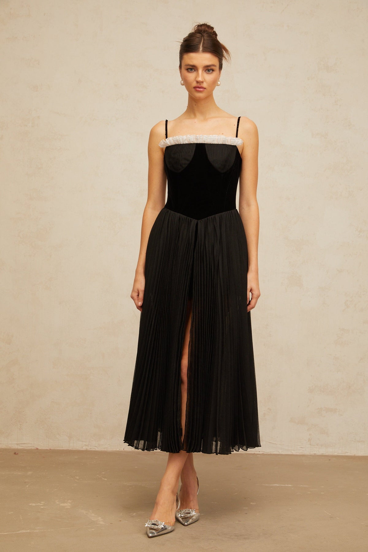 Clémence black velvet-panel pleated midi dress