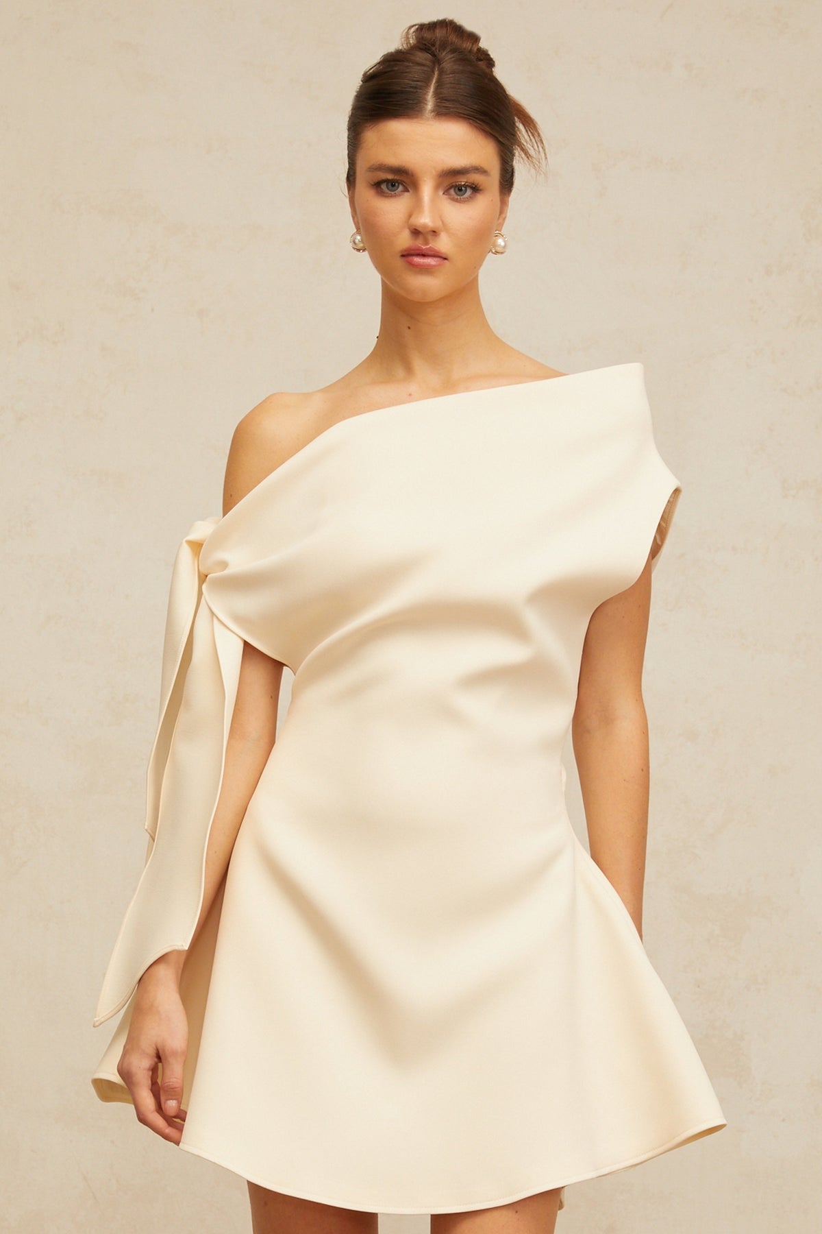 Colette cream-white self-tie-ribbon flared mini dress