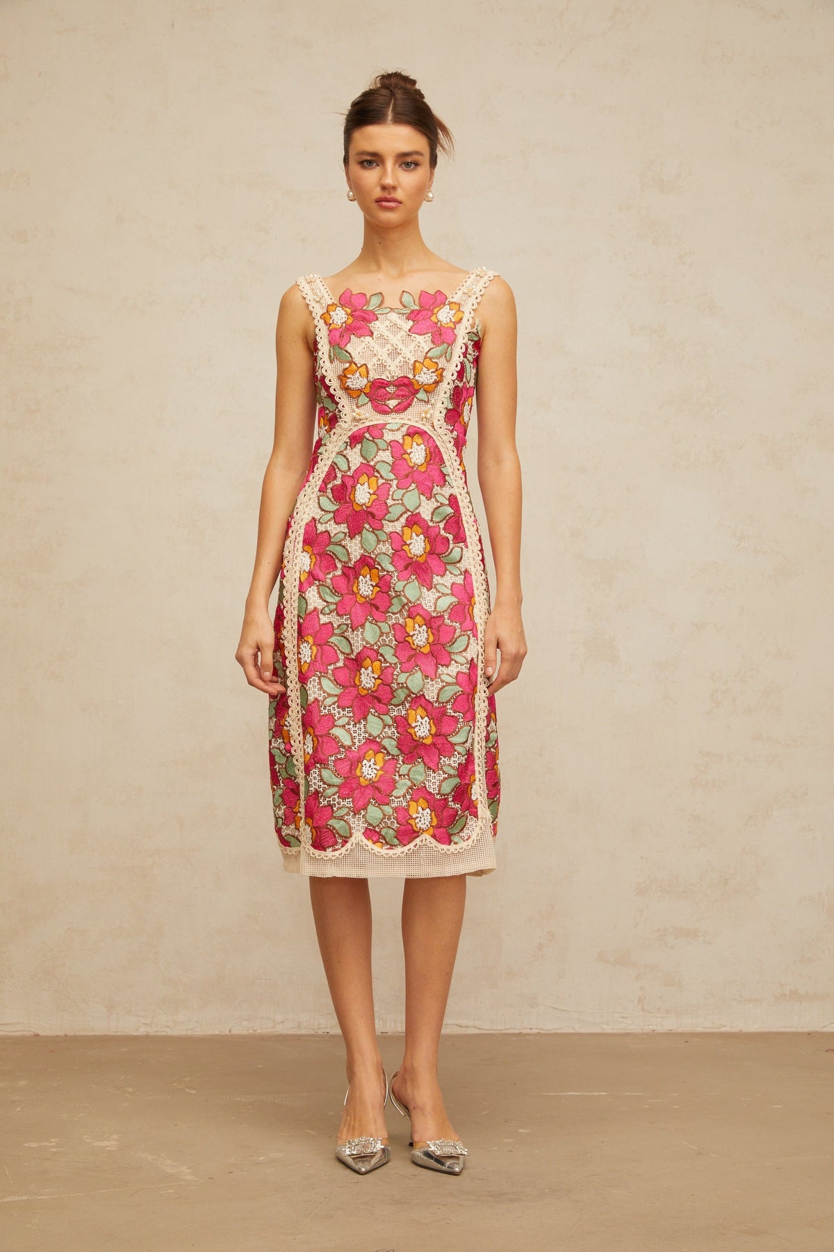 Nalini rose-pink braided floral-embroidered midi dress (Final Sale)