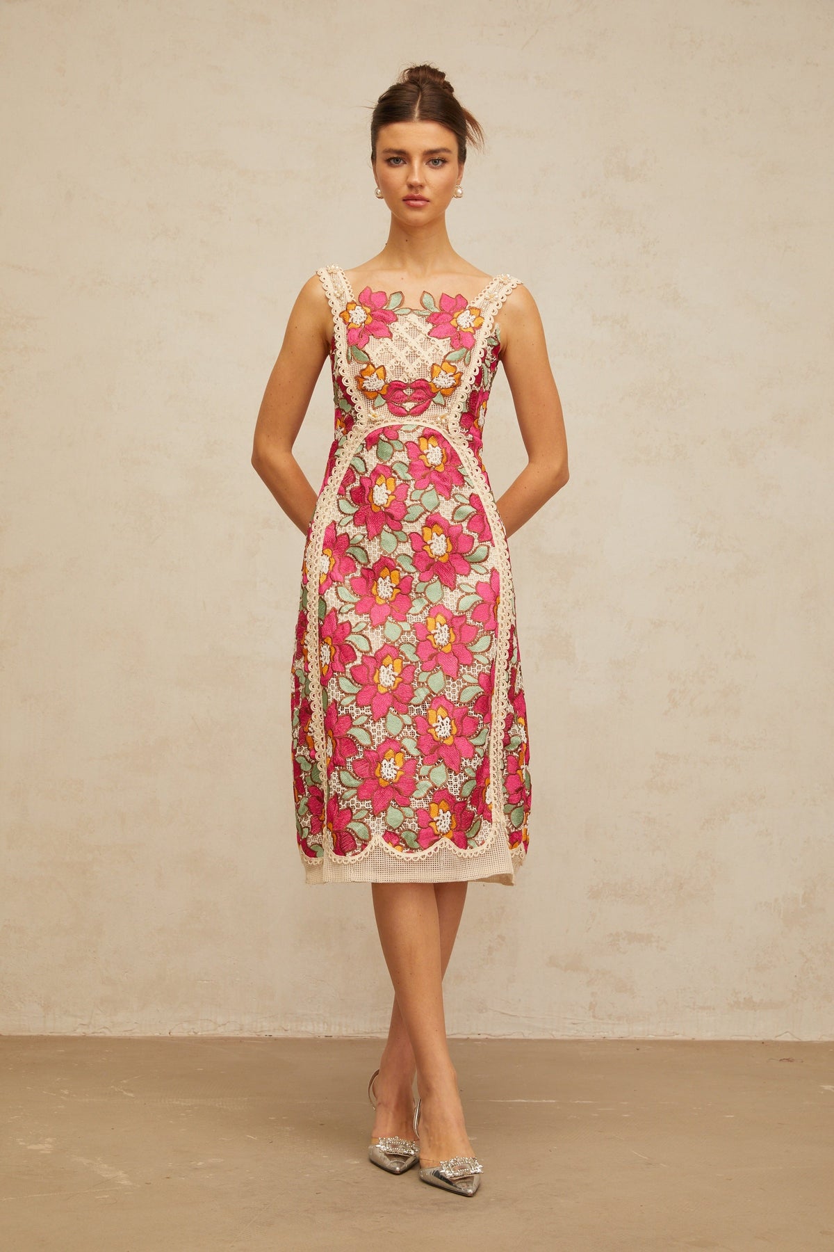 Nalini rose-pink braided floral-embroidered midi dress (Final Sale)