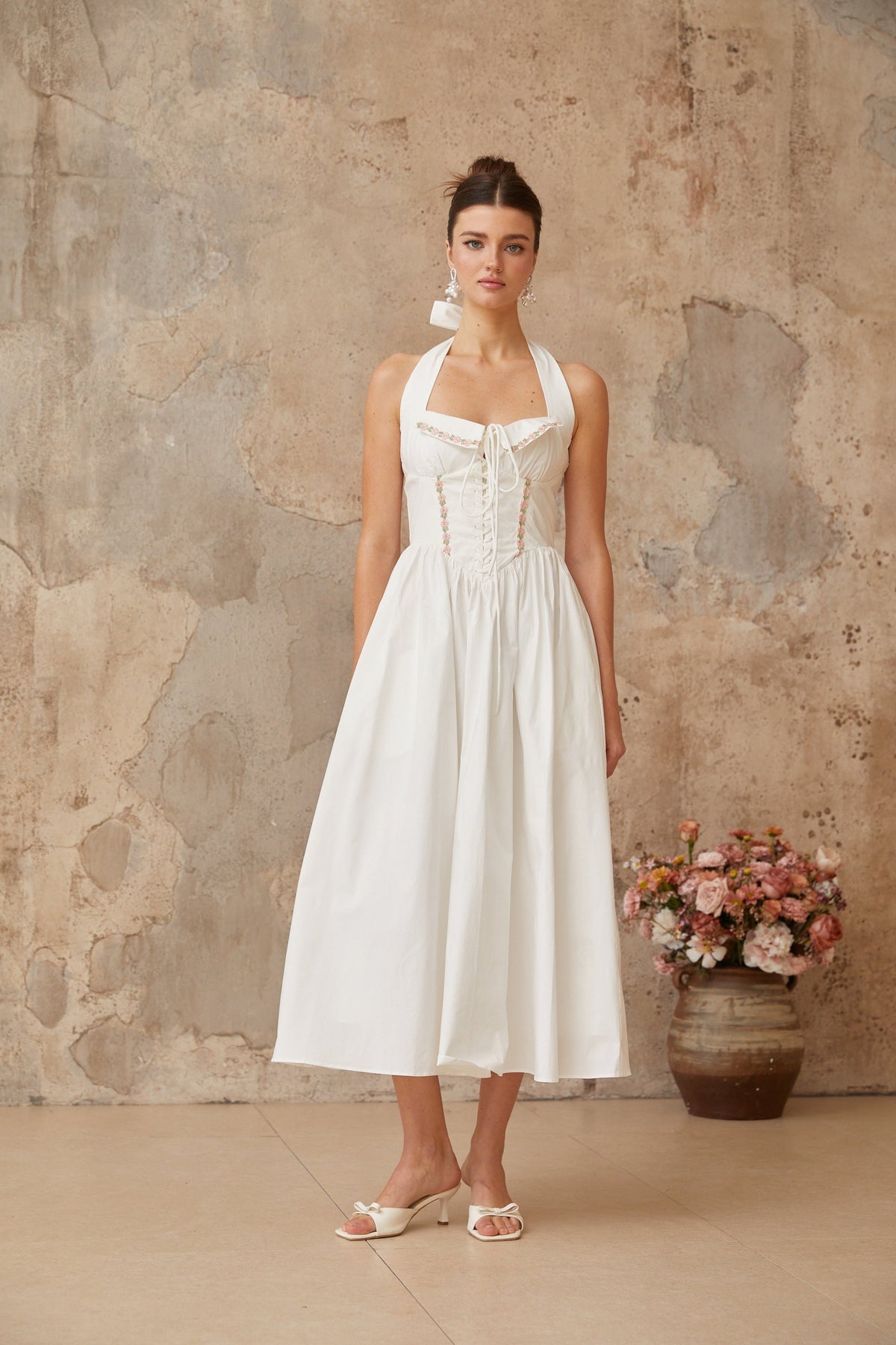 Dulcie white lace-up-detail shirred midi dress