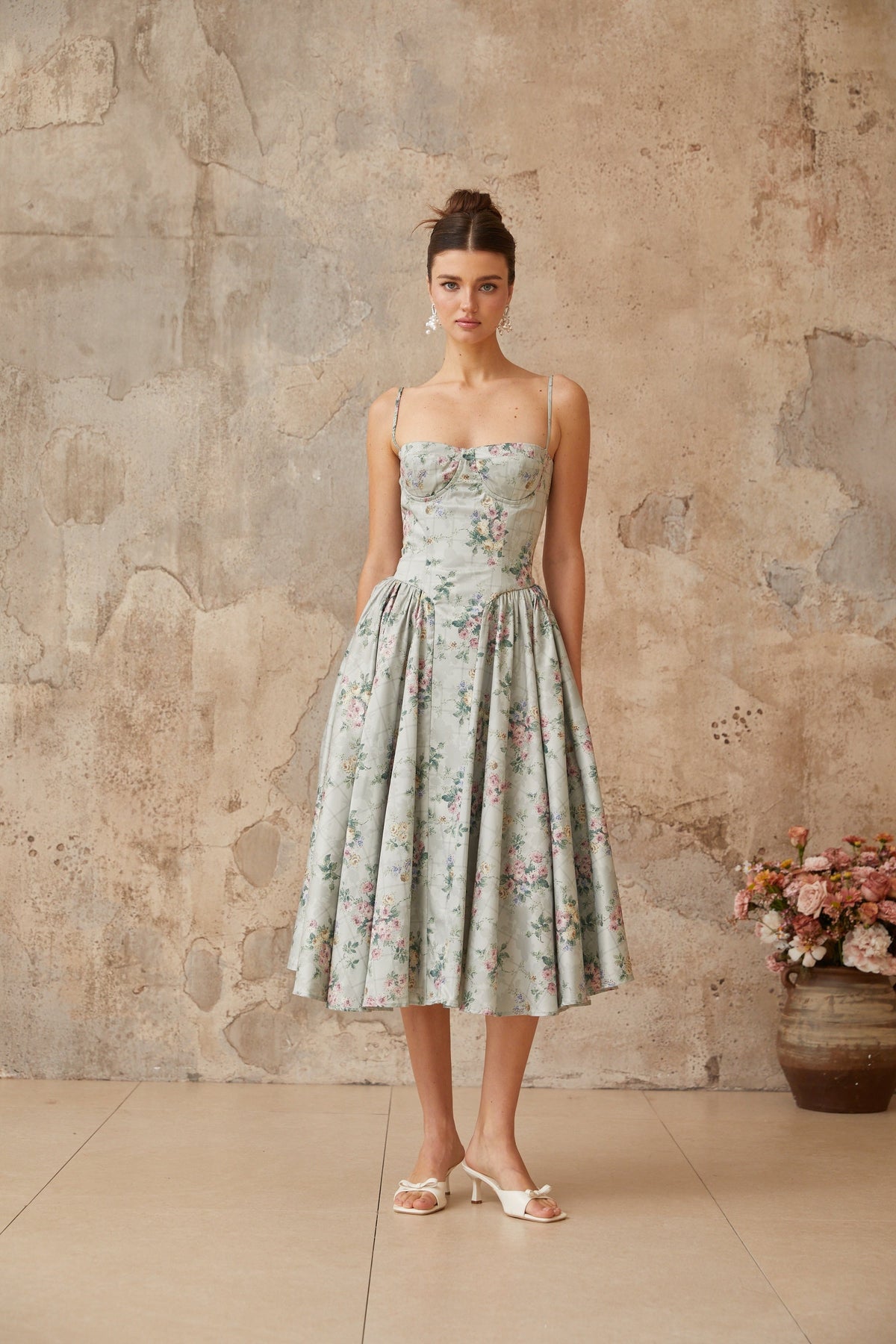 Prunelle sage-green floral-print shirred midi dress (Final Sale)