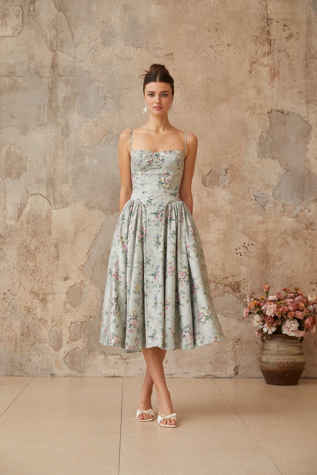 Prunelle sage-green floral-print shirred midi dress (Final Sale)