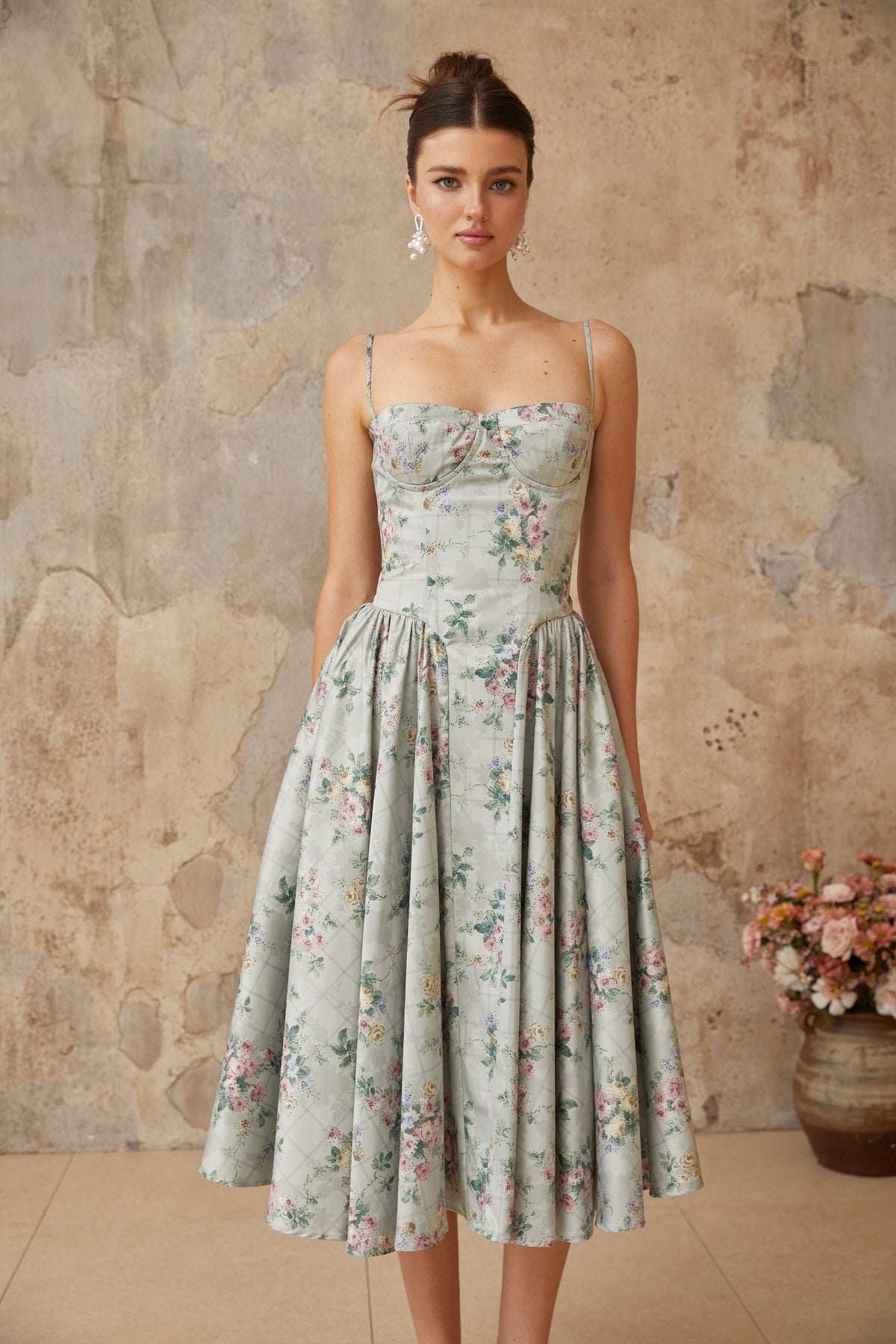 Prunelle sage-green floral-print shirred midi dress (Final Sale-US Only)